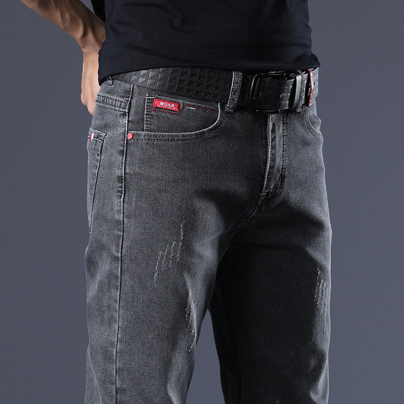 Men’s Slim Fit Casual Stretch Jeans – Korean Style Mid-Waist Trousers – Grey & Light Blue