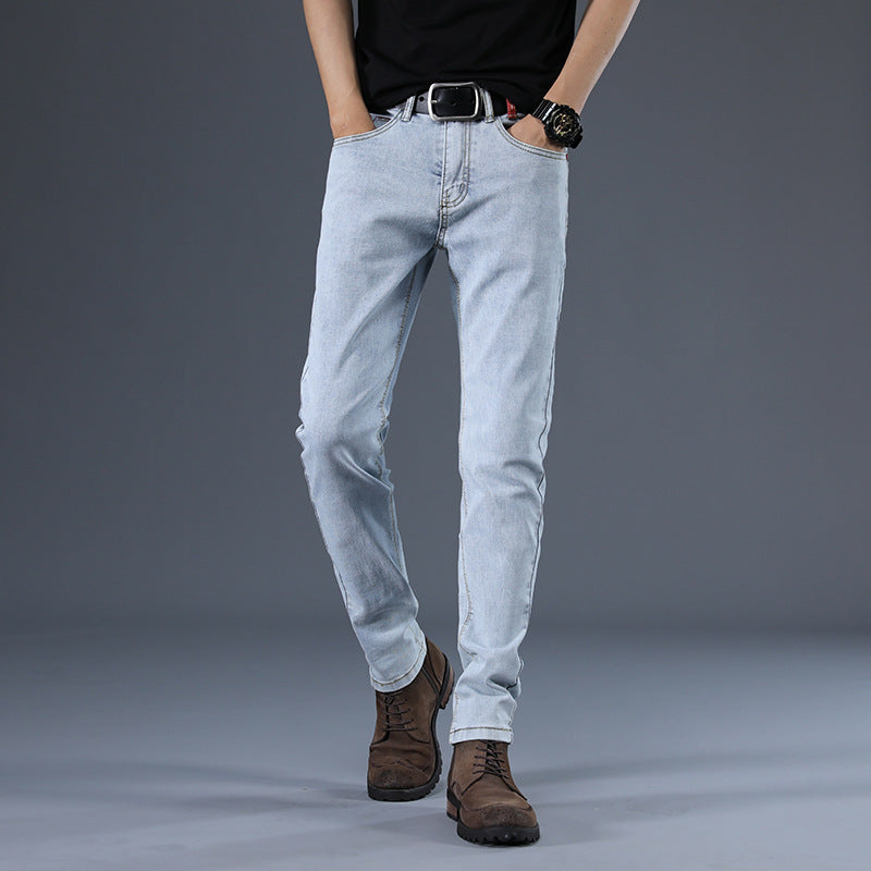 Men’s Slim Fit Casual Stretch Jeans – Korean Style Mid-Waist Trousers – Grey & Light Blue