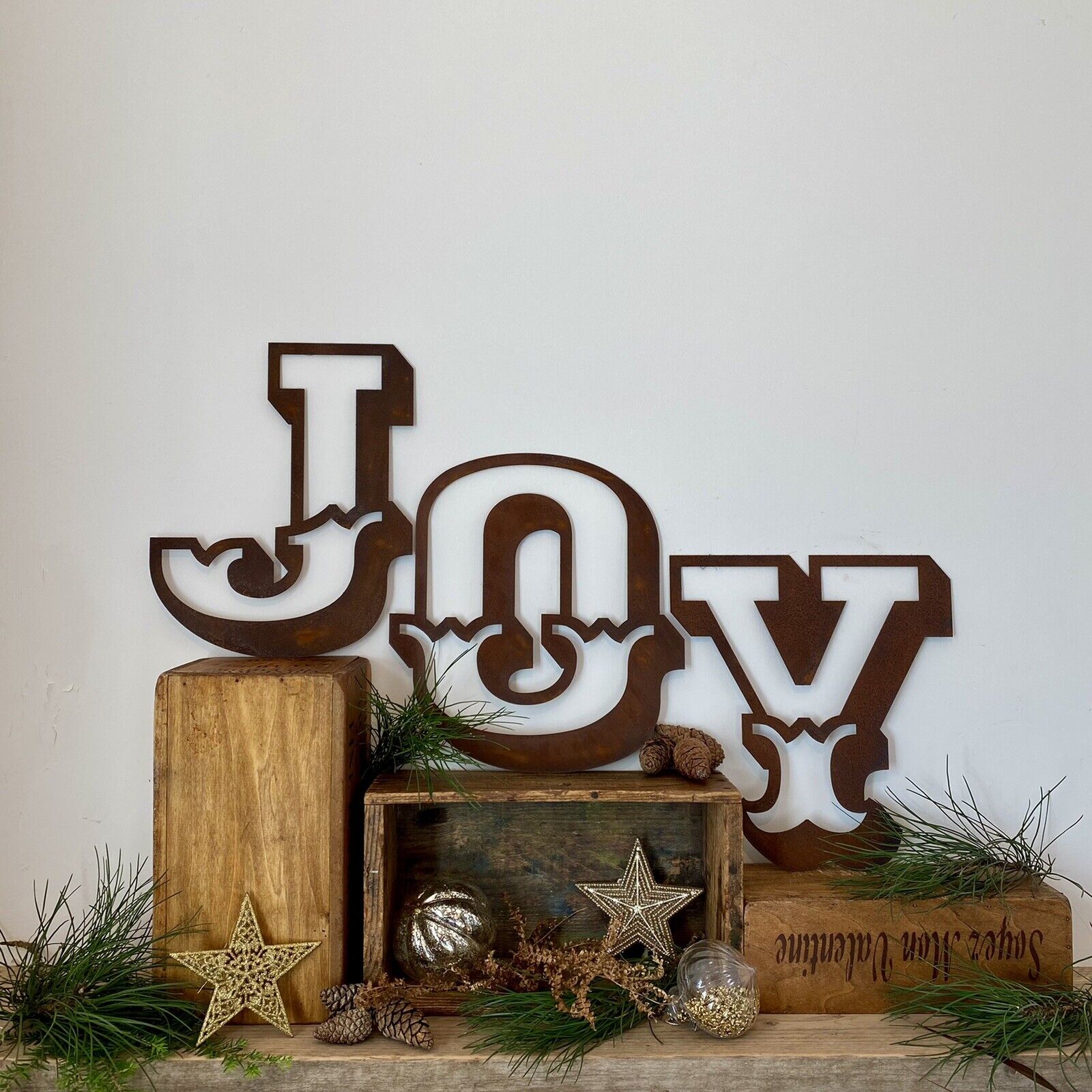 Rustic Metal JOY Letters – 12 Inch Steel Christmas Mantle Decor by RWN