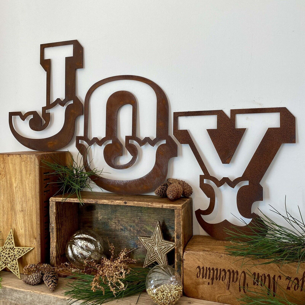 Rustic Metal JOY Letters – 12 Inch Steel Christmas Mantle Decor by RWN