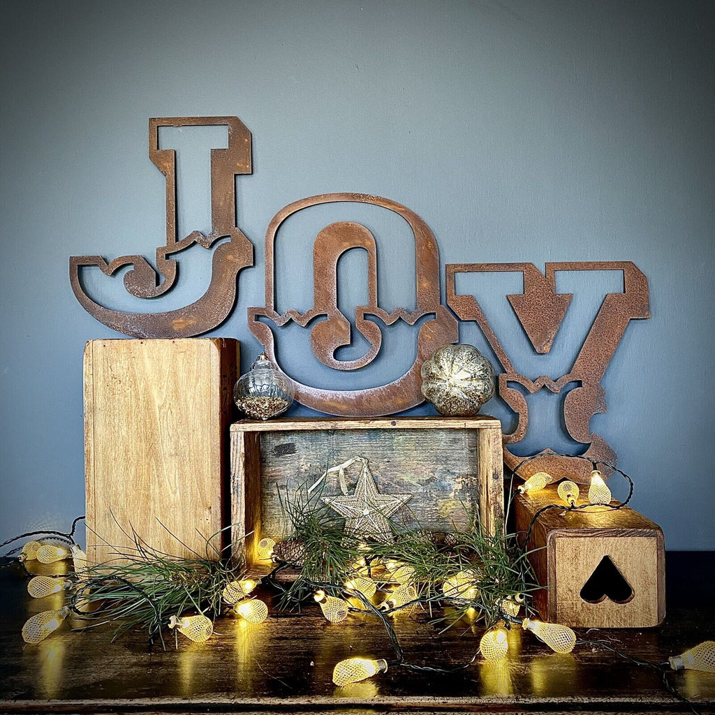 Rustic Metal JOY Letters – 12 Inch Steel Christmas Mantle Decor by RWN