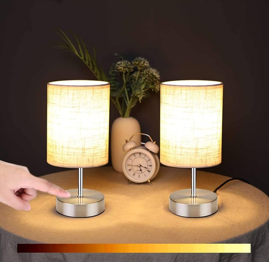 Lightsjoy Dimmable Touch Bedside Lamps – Grey Fabric Table Lamps (Set of 2)