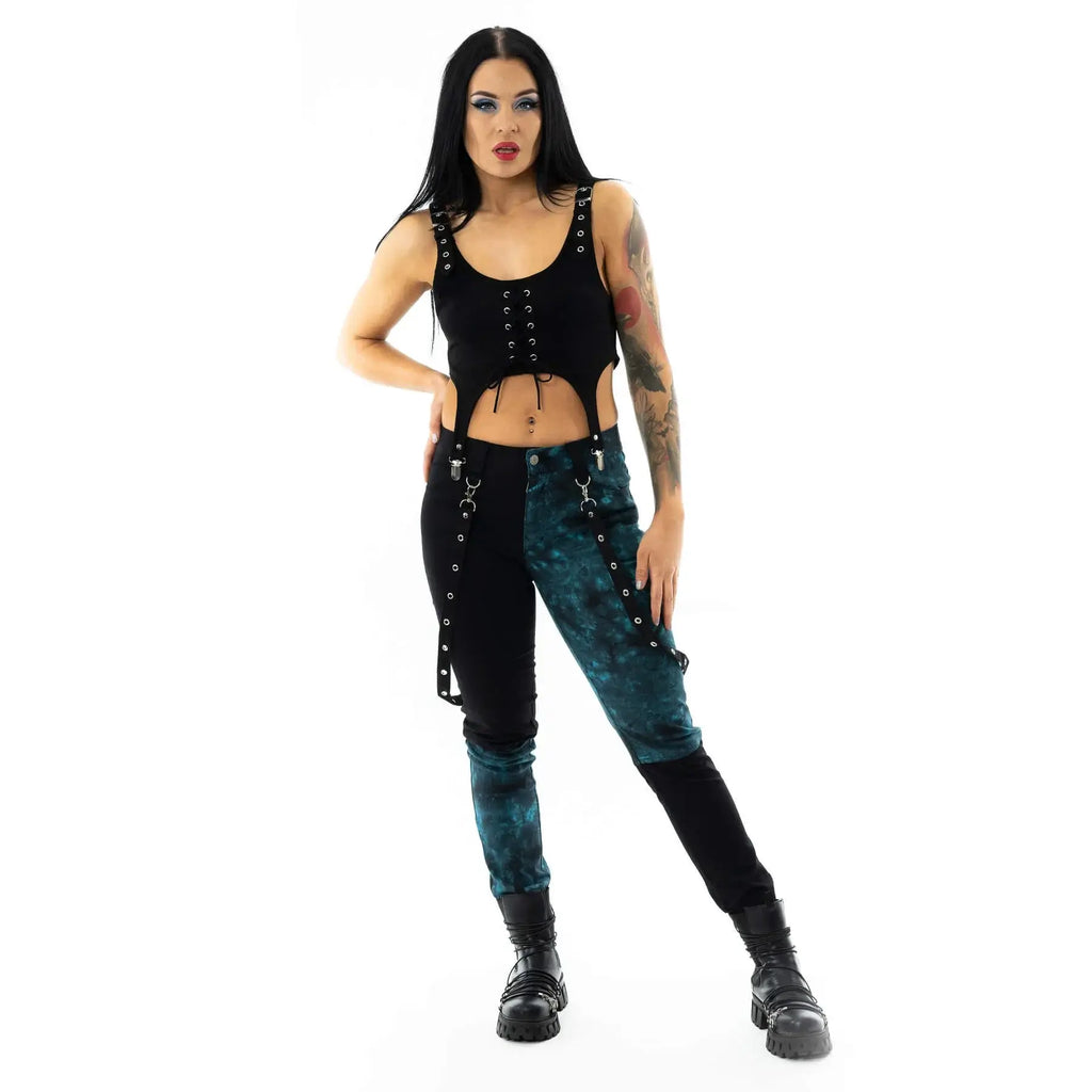 Vixxsin Kaori Pants – Black and Blue Tie-Dye Goth Cyberpunk Trousers