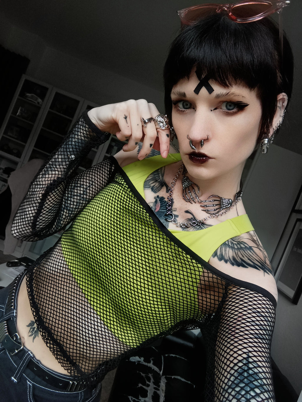 Dark in Love Lyra Fishnet Off-Shoulder Gothic Mesh Top – Black