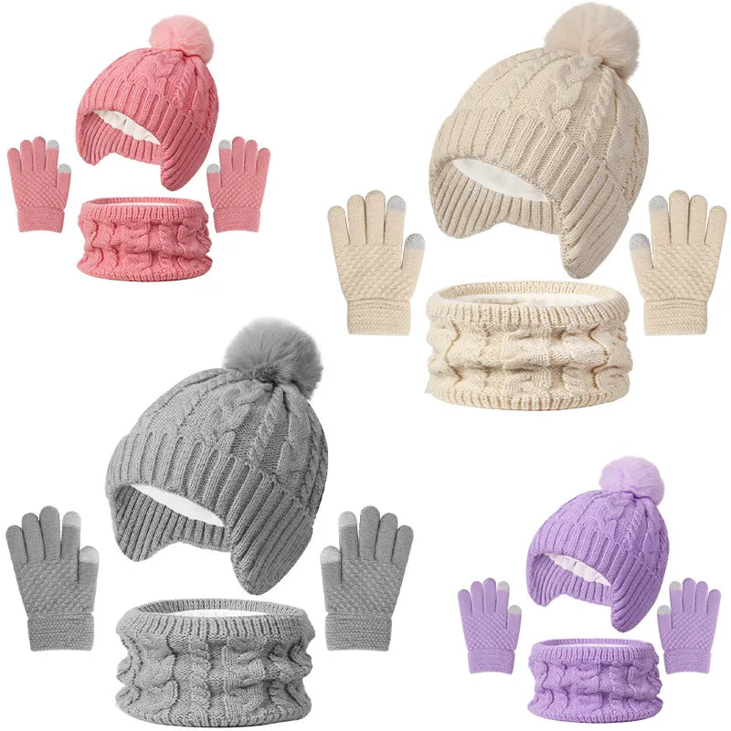 Kids 3-Piece Knitted Winter Set – Hat Scarf Gloves with Fleece Lining