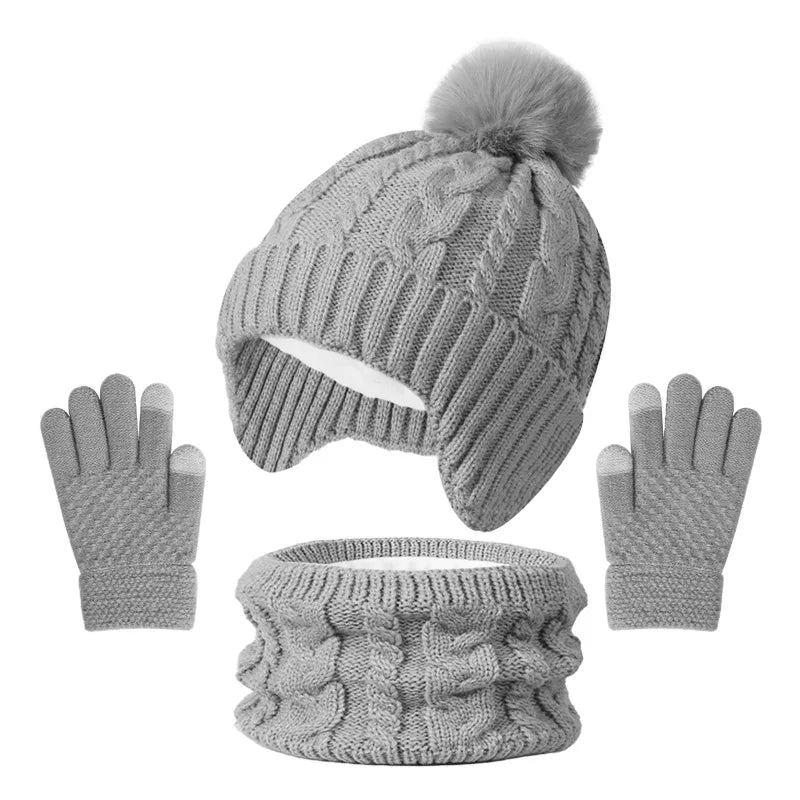 Kids 3-Piece Knitted Winter Set – Hat Scarf Gloves with Fleece Lining