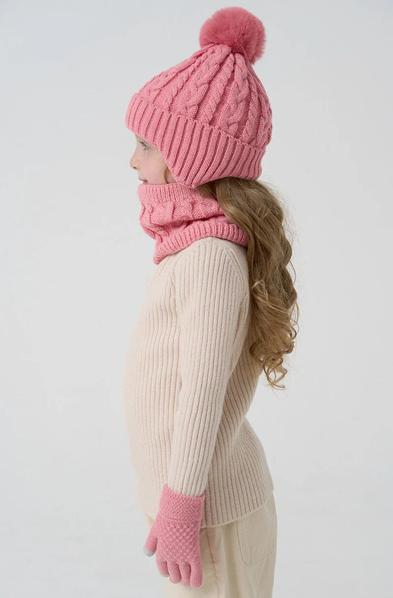 Kids 3-Piece Knitted Winter Set – Hat Scarf Gloves with Fleece Lining