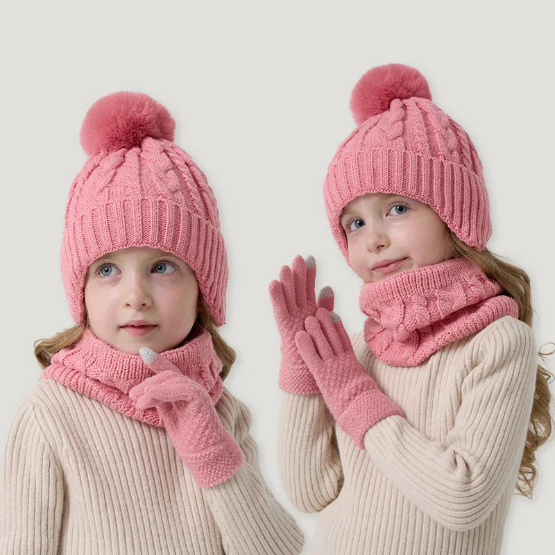 Kids 3-Piece Knitted Winter Set – Hat Scarf Gloves with Fleece Lining