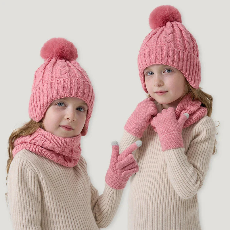 Kids 3-Piece Knitted Winter Set – Hat Scarf Gloves with Fleece Lining