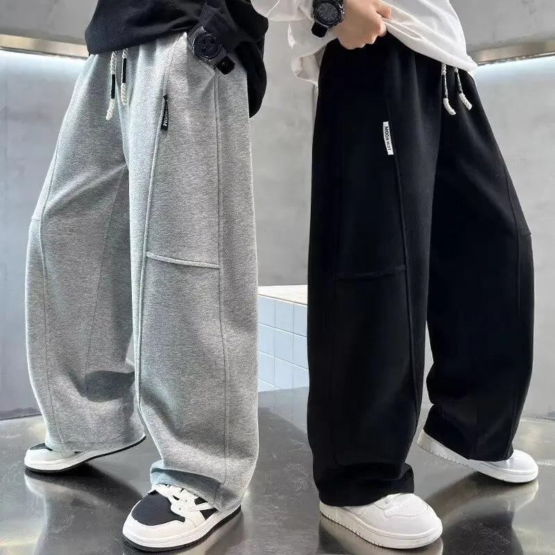 Kids Loose Cotton Sports Pants, Casual Wide-Leg Trousers for Boys & Girls