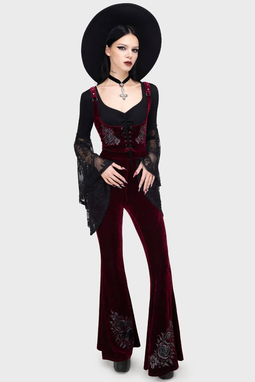 Killstar A Devil's Rose Red Velvet Flared Trousers – Gothic Flares