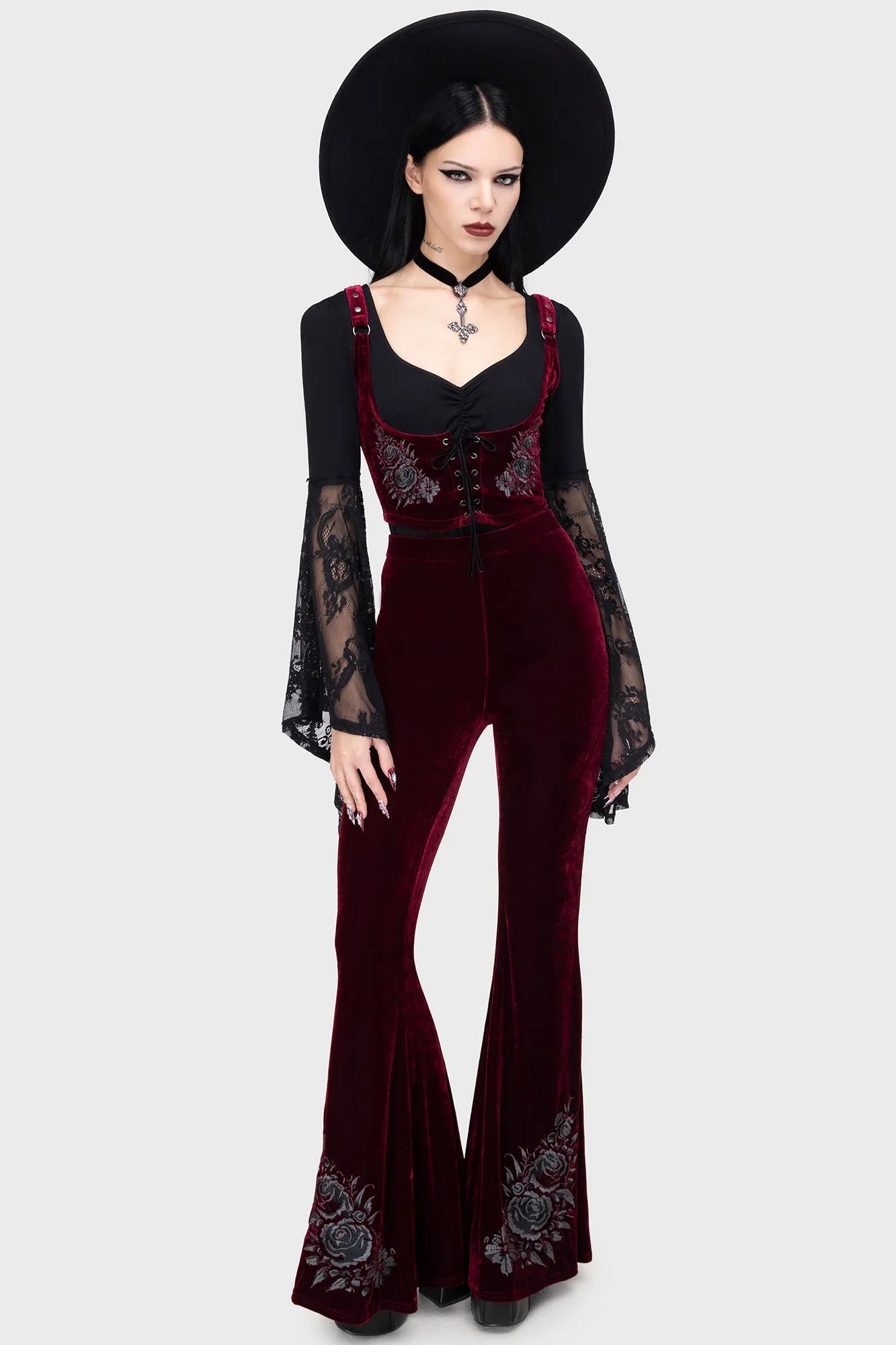Killstar A Devil's Rose Red Velvet Flared Trousers – Gothic Flares