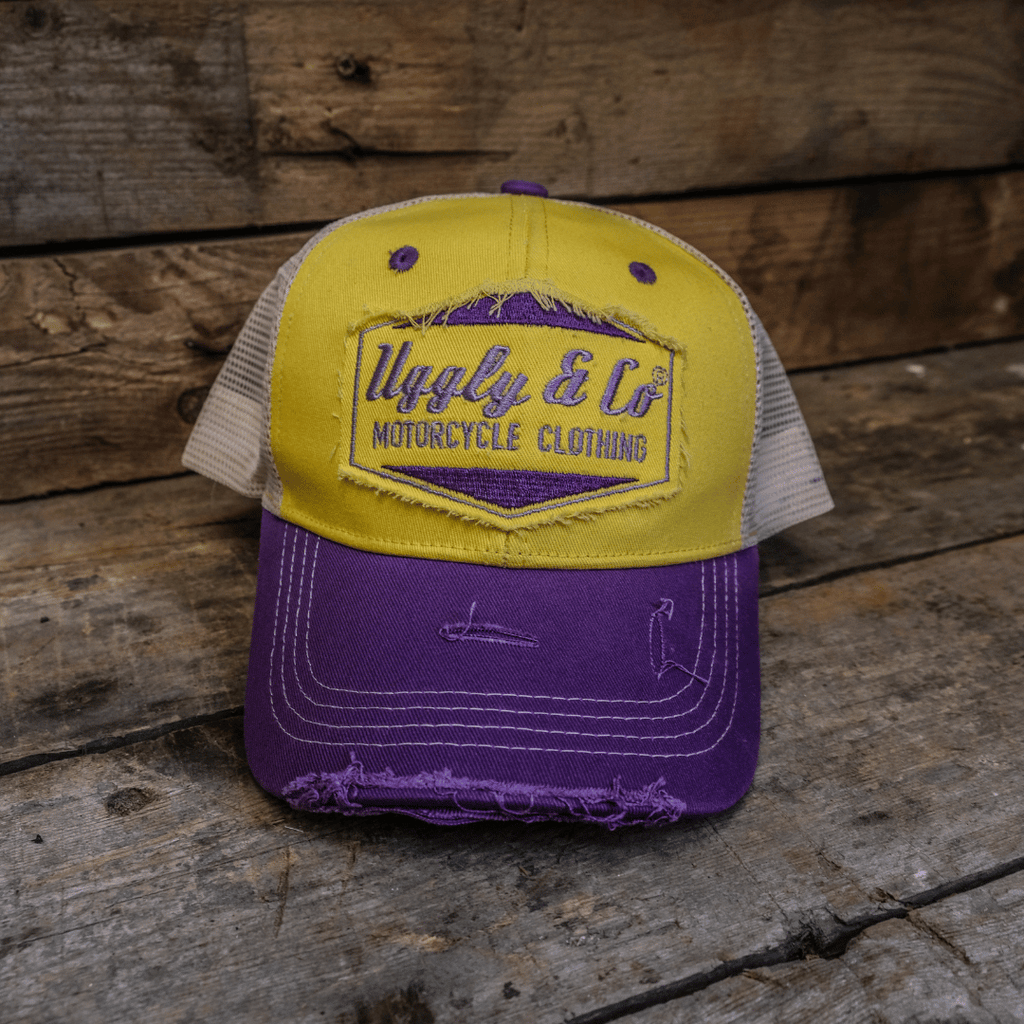 Uggly & Co Diamond Trucker Hat – Yellow & Purple Motorsport Mesh Cap
