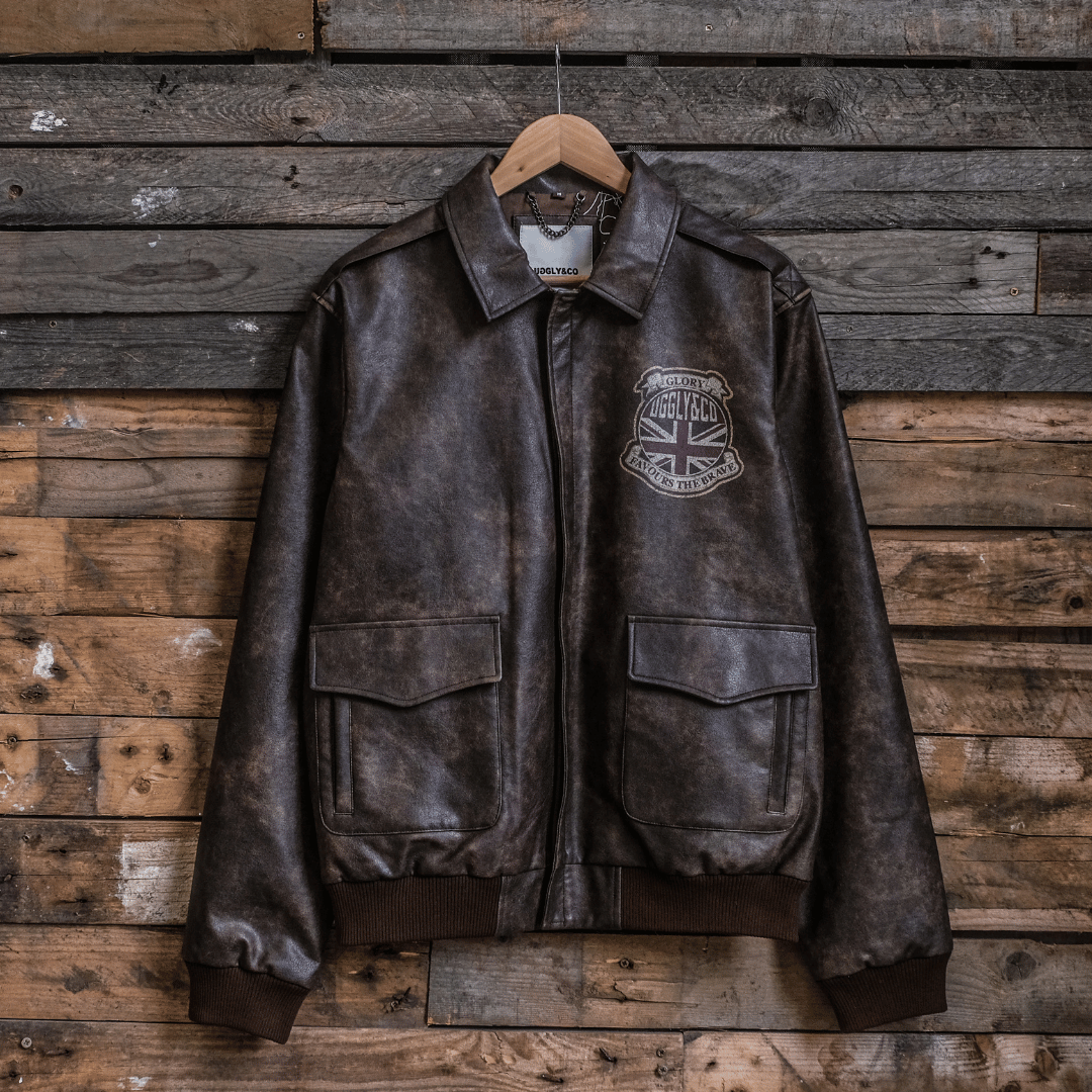 Uggly and Co Aviation Bomber Jacket – Distressed PU Leather Moto