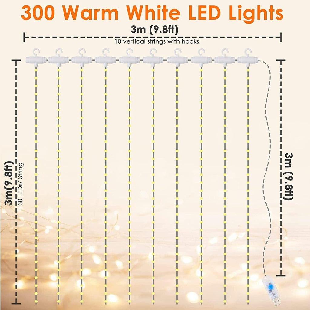 Anpro LED Curtain Lights – 3x3M USB Fairy Lights with 8 Modes, Warm White
