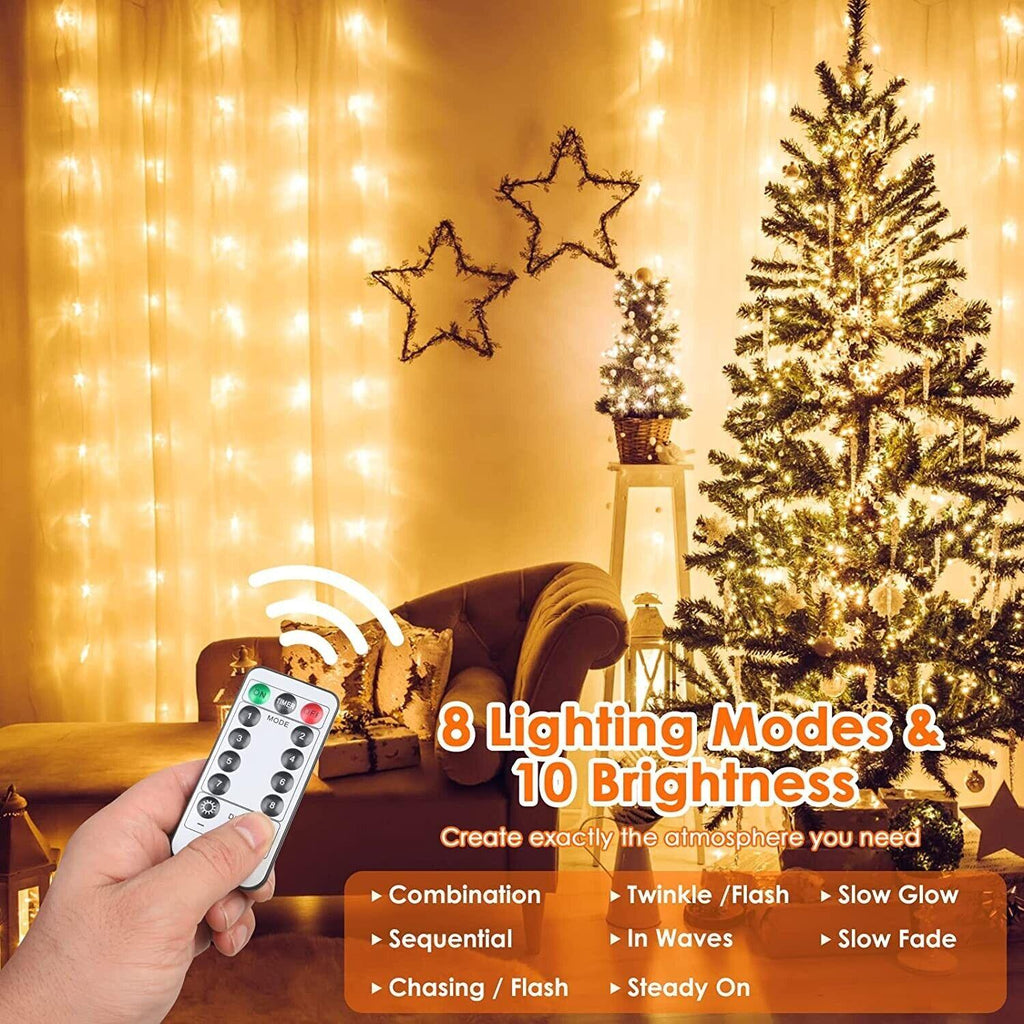 Anpro LED Curtain Lights – 3x3M USB Fairy Lights with 8 Modes, Warm White