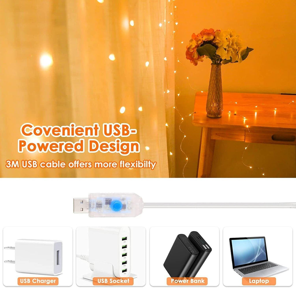 Anpro LED Curtain Lights – 3x3M USB Fairy Lights with 8 Modes, Warm White