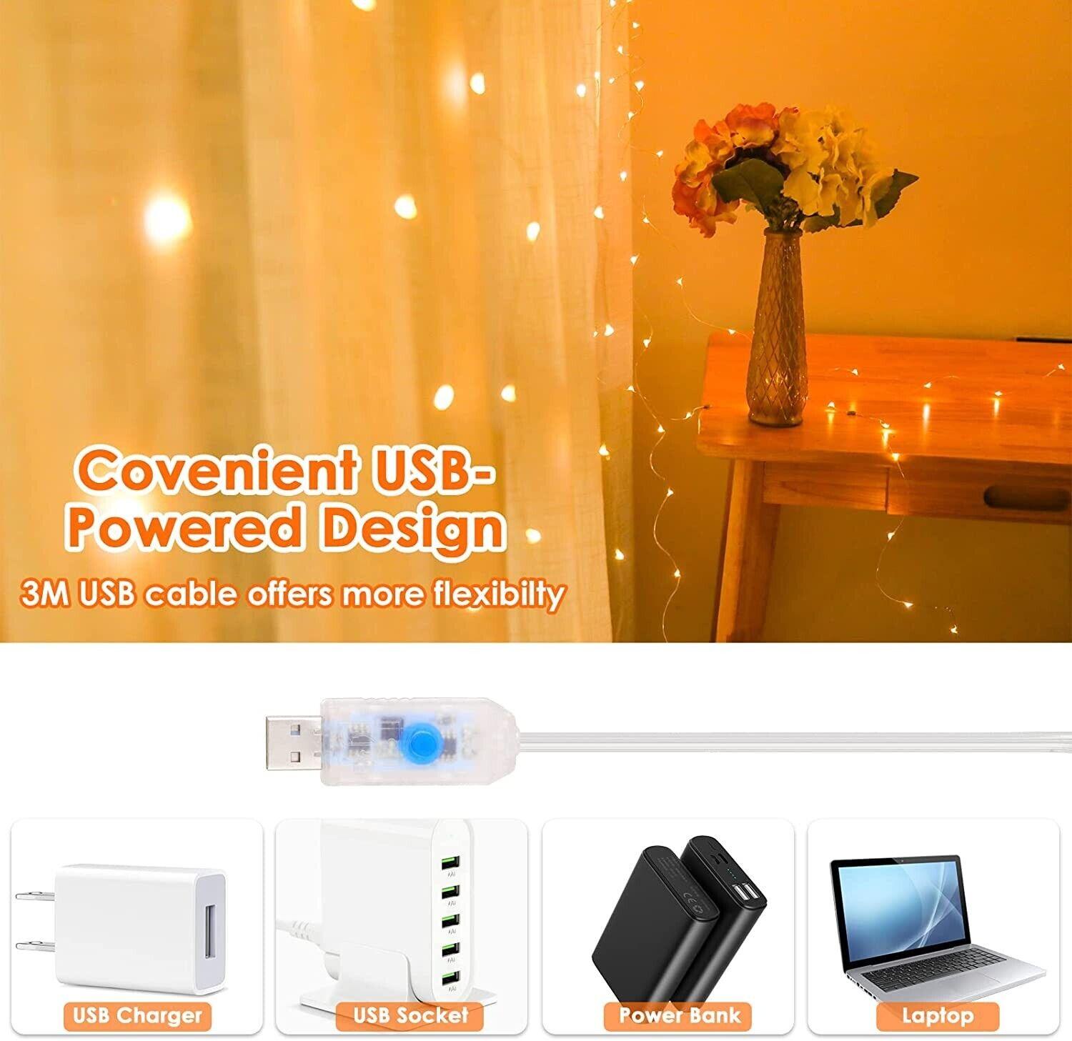 Anpro LED Curtain Lights – 3x3M USB Fairy Lights with 8 Modes, Warm White