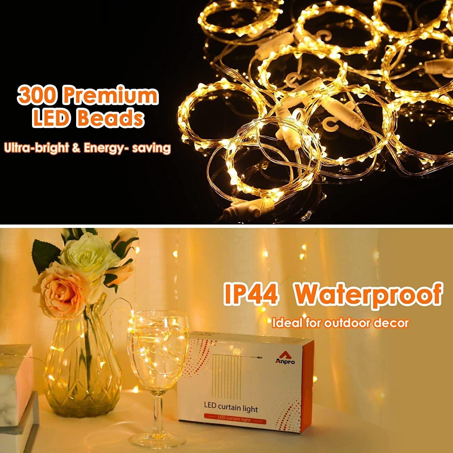 Anpro LED Curtain Lights – 3x3M USB Fairy Lights with 8 Modes, Warm White