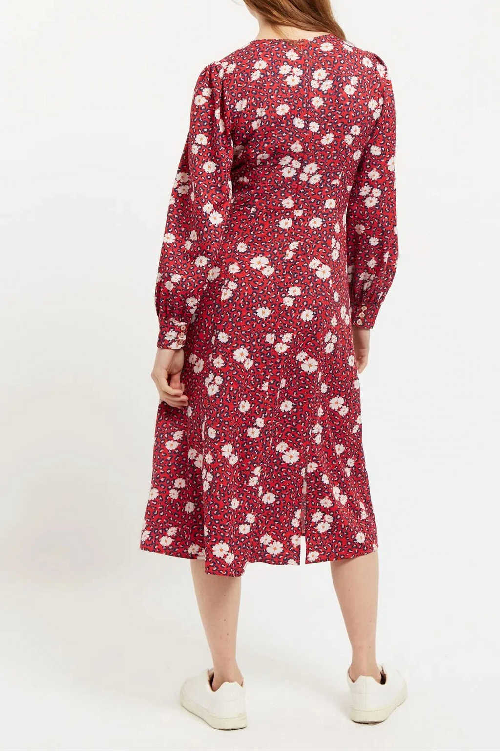 Louche Liv Roaring Daisy Print Long Sleeve Midi Dress Red