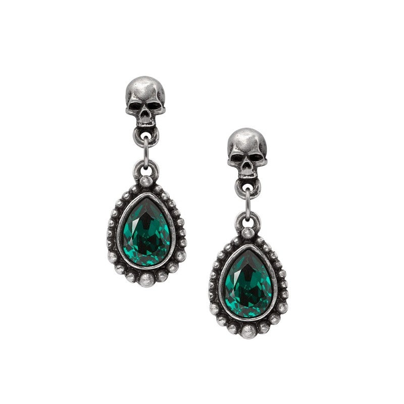 Alchemy Gothic Skull Earrings – Green Austrian Crystal Pewter Dangles