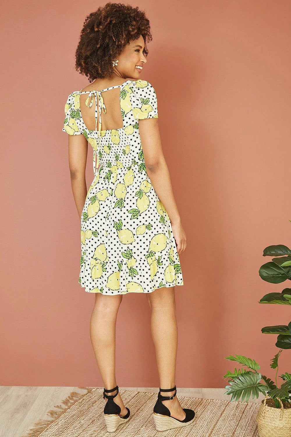 Mela White Viscose Lemon Print Skater Dress With Balloon Sleeves