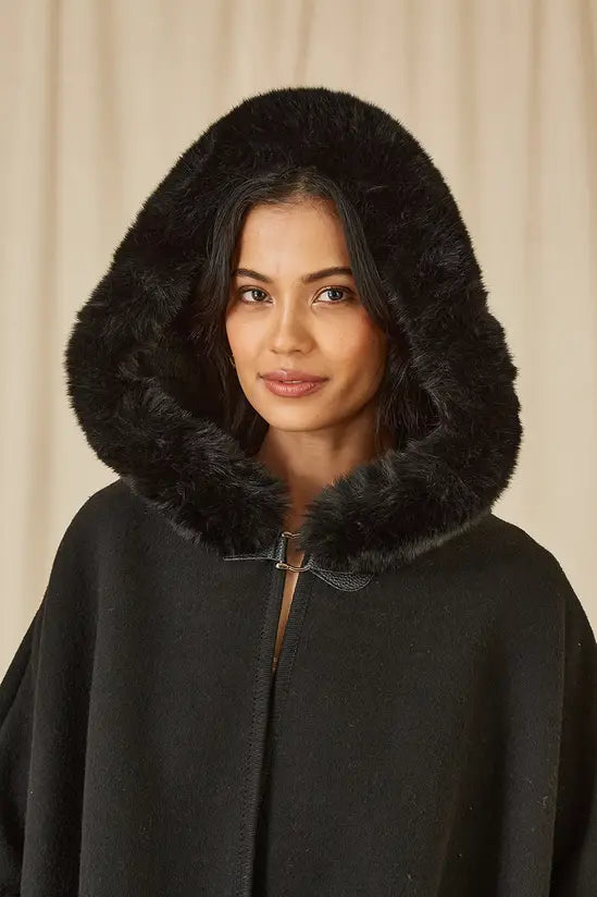 Yumi Black Cape With Luxe Fur Trim And Lining