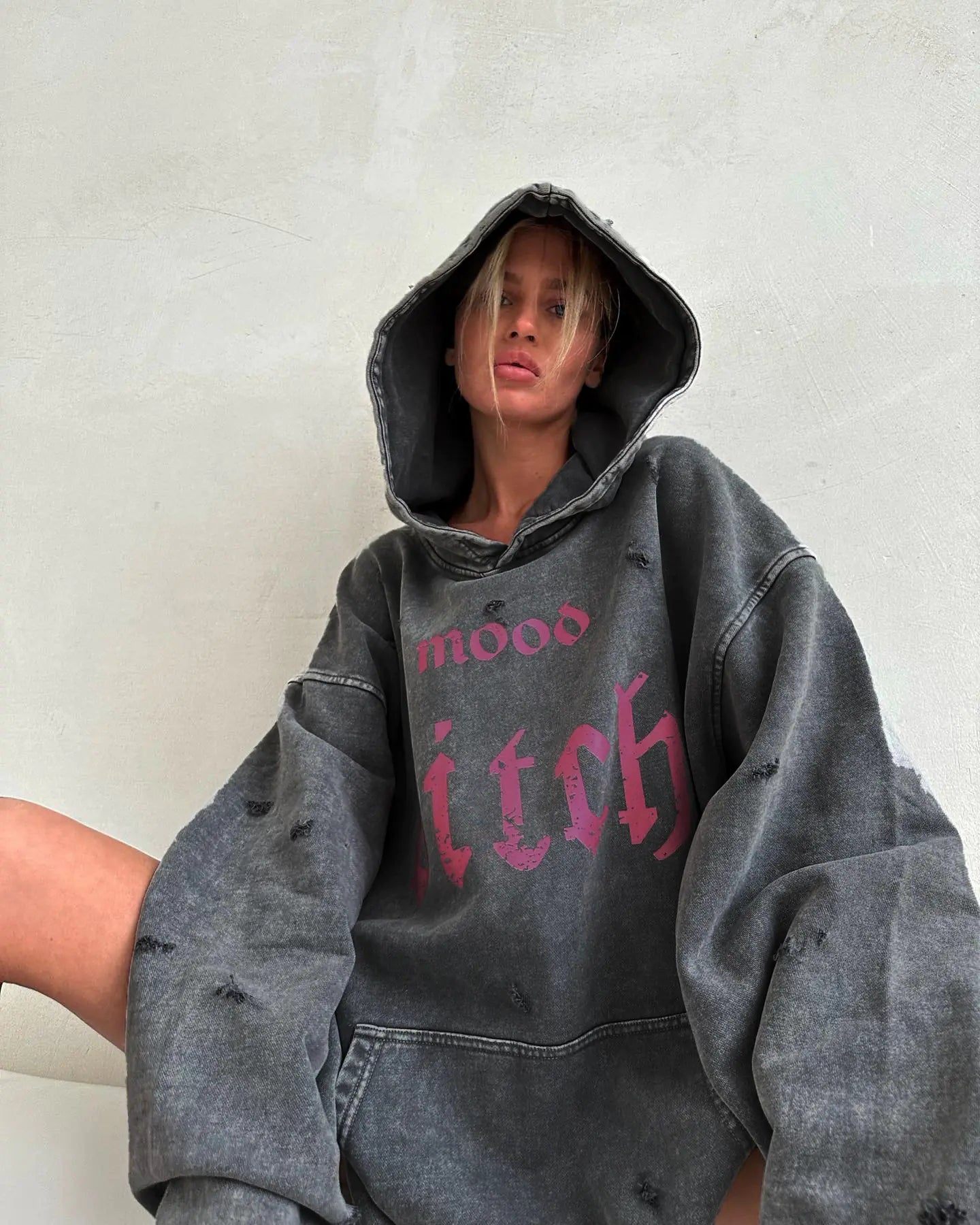 Womens Casual Washed Broken Print Hoodie