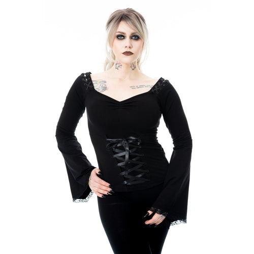 Poizen Industries Maelys Top – Black Gothic Bell Sleeve Lace-Up Top