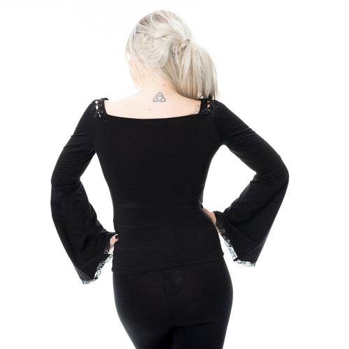 Poizen Industries Maelys Top – Black Gothic Bell Sleeve Lace-Up Top