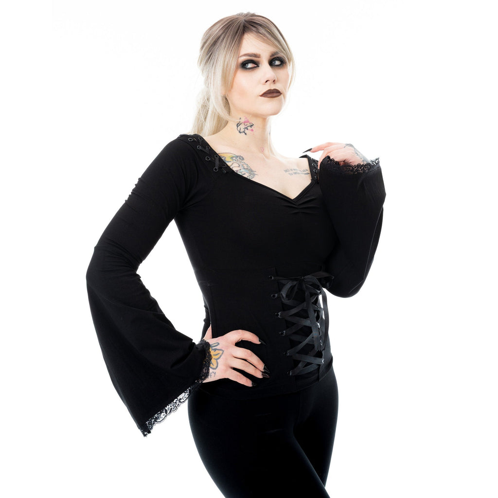 Poizen Industries Maelys Top – Black Gothic Bell Sleeve Lace-Up Top