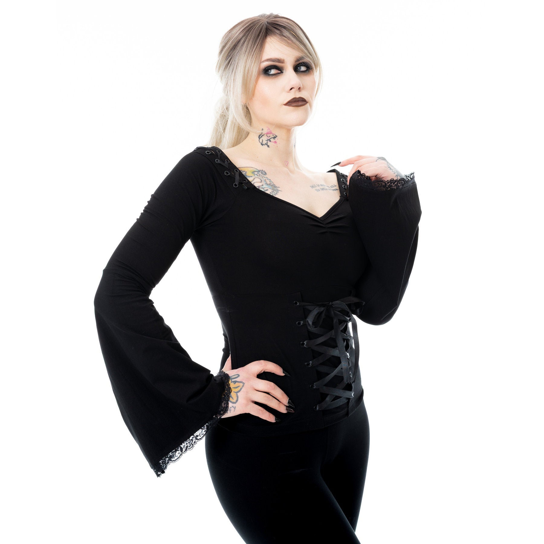 Poizen Industries Maelys Top – Black Gothic Bell Sleeve Lace-Up Top