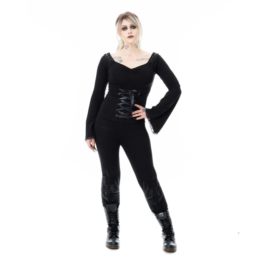 Poizen Industries Maelys Top – Black Gothic Bell Sleeve Lace-Up Top