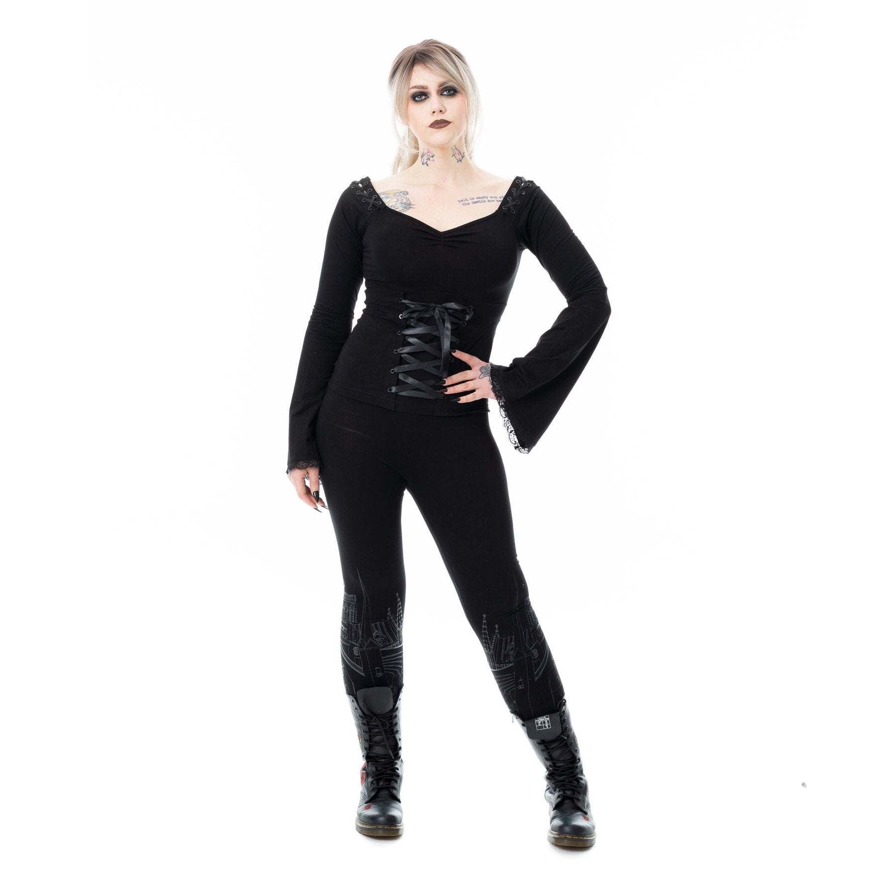 Poizen Industries Maelys Top – Black Gothic Bell Sleeve Lace-Up Top