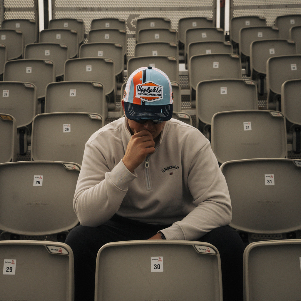 Uggly & Co Gulf Racing Trucker Hat – Retro Blue & Orange Diamond Cap