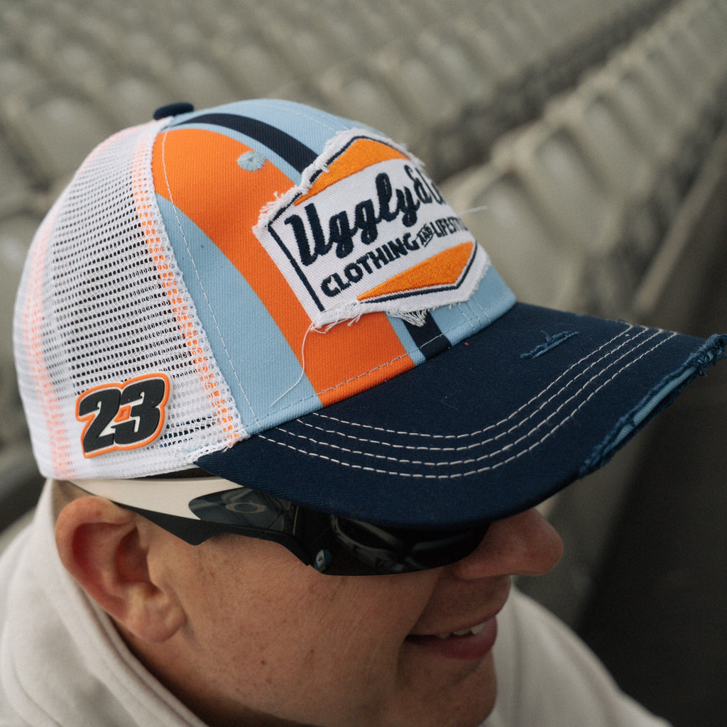 Uggly & Co Gulf Racing Trucker Hat – Retro Blue & Orange Diamond Cap