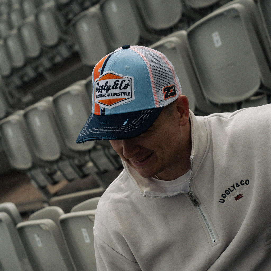 Uggly & Co Gulf Racing Trucker Hat – Retro Blue & Orange Diamond Cap