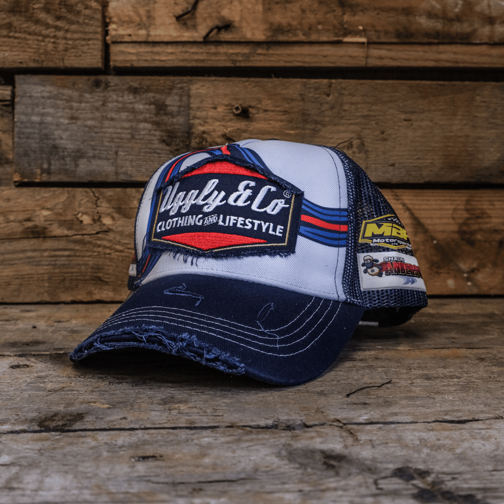 Uggly & Co Retro Blue & Red Diamond Trucker Hat – Vintage Racing Cap