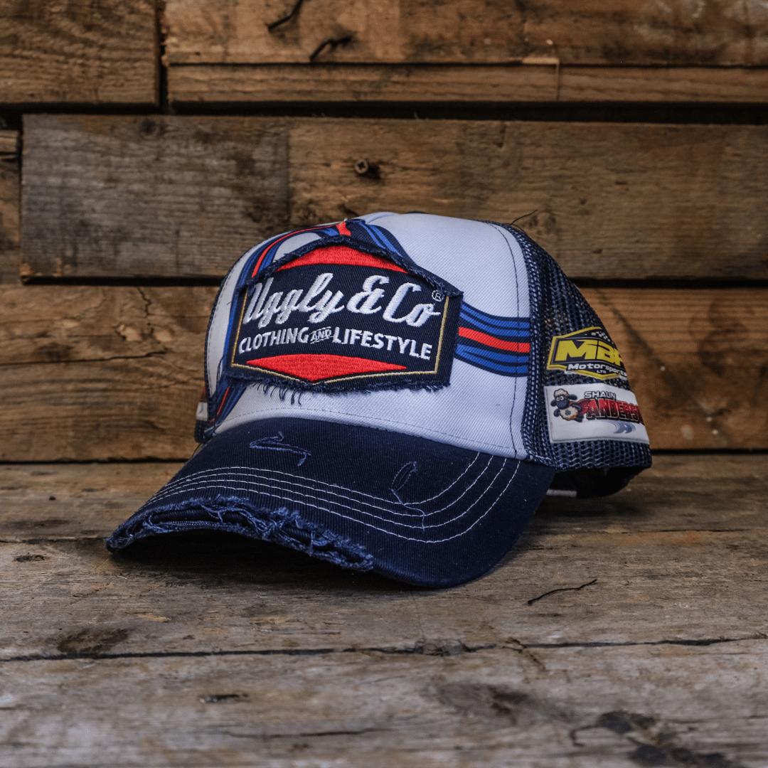 Uggly & Co Retro Blue & Red Diamond Trucker Hat – Vintage Racing Cap