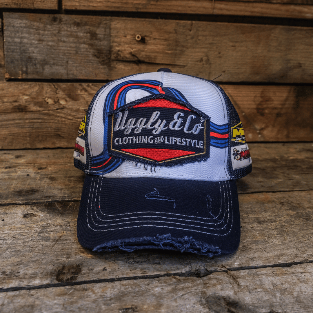 Uggly & Co Retro Blue & Red Diamond Trucker Hat – Vintage Racing Cap