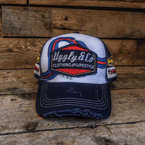 Uggly & Co Retro Blue & Red Diamond Trucker Hat – Vintage Racing Cap