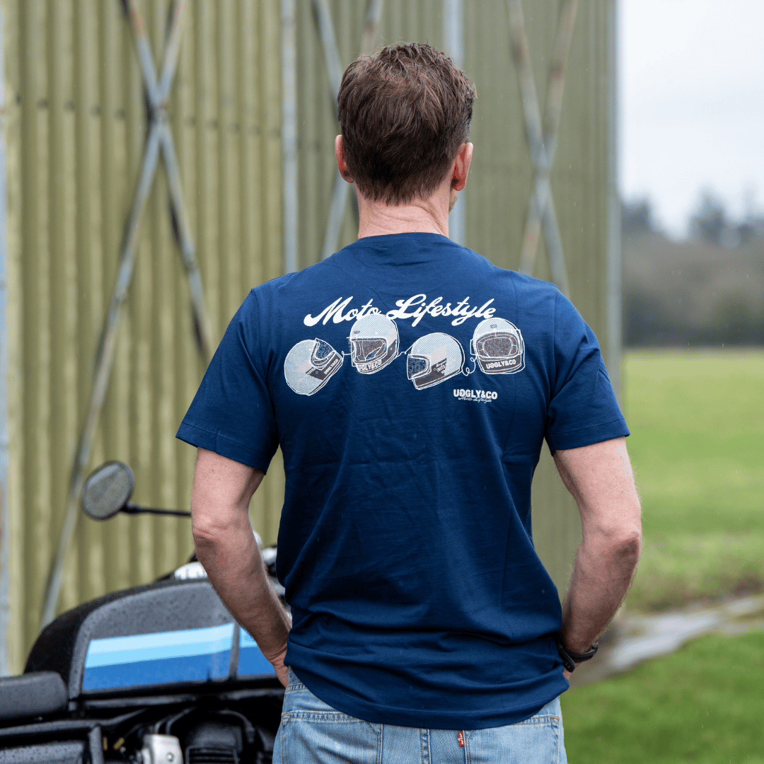 Uggly and Co Navy U&C Helmet Tee – Heavyweight Cotton Moto Graphic Shirt