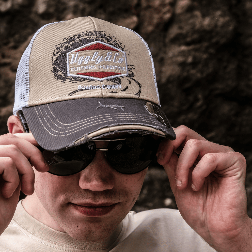 Uggly & Co Surf Diamond Trucker Hat – Distressed Beige & Mesh Cap