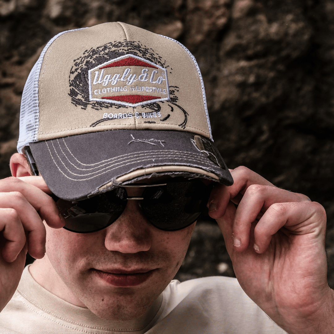 Uggly & Co Surf Diamond Trucker Hat – Distressed Beige & Mesh Cap