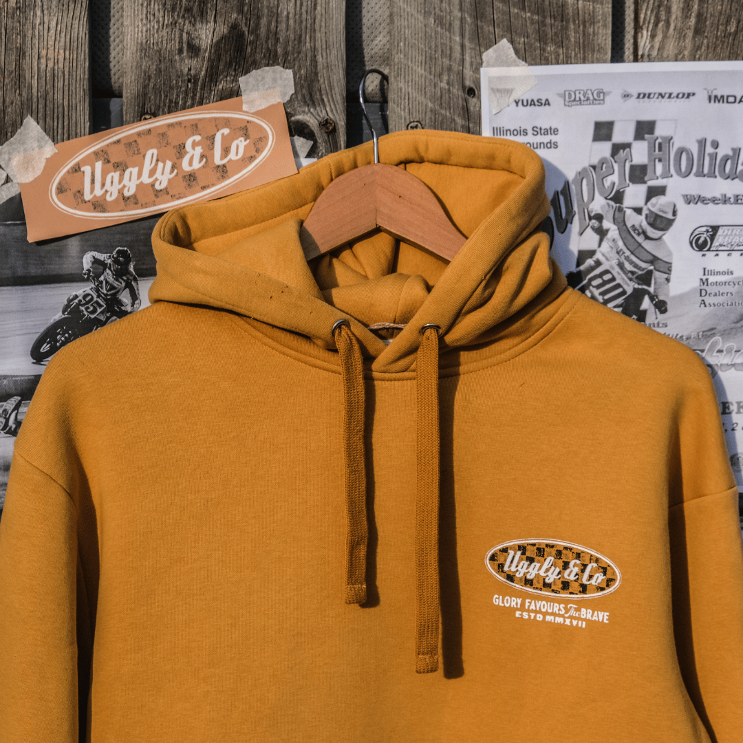 Uggly & Co Mustard No.1 Graphic Hoodie | Cotton Biker Racing Apparel
