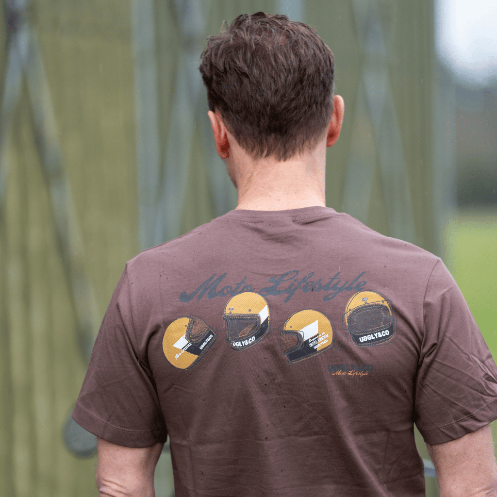 Uggly and Co Brown Helmet Graphic Tee – Heavyweight Cotton Moto Shirt