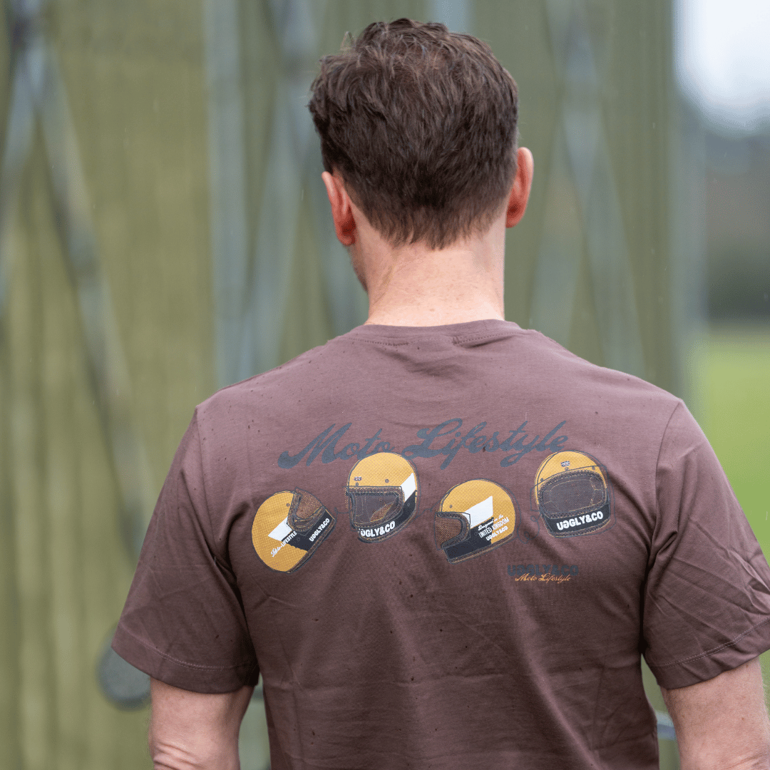 Uggly and Co Brown Helmet Graphic Tee – Heavyweight Cotton Moto Shirt