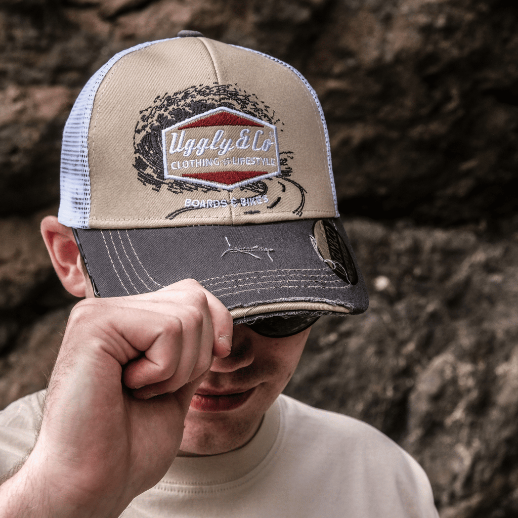 Uggly & Co Surf Diamond Trucker Hat – Distressed Beige & Mesh Cap