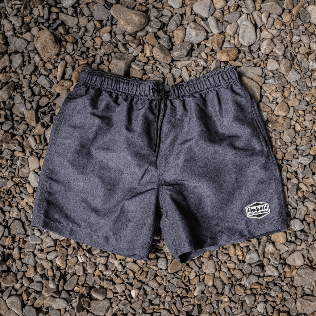 Uggly and Co Black Diamond Swim Shorts – Quick Dry Wave Pattern Trunks
