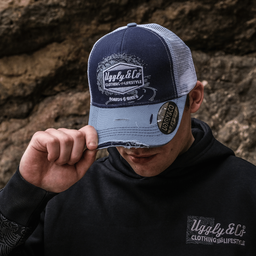 Uggly and Co Blue Surf Diamond Trucker Hat – Distressed Mesh Cap